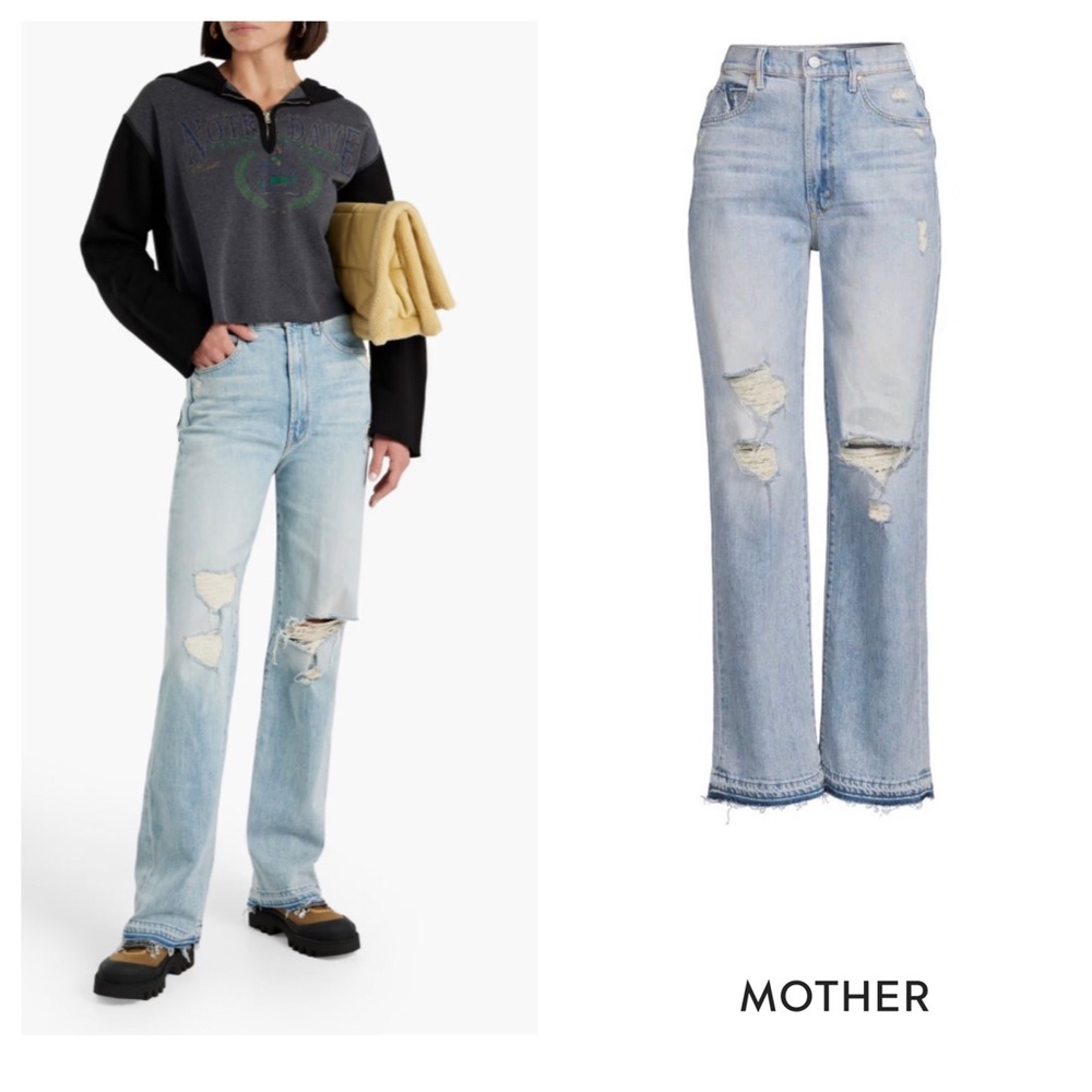 MOTHER Denim Tunnel Vision Distressed High-Rise Straight-Leg Jeans, Sz 28
